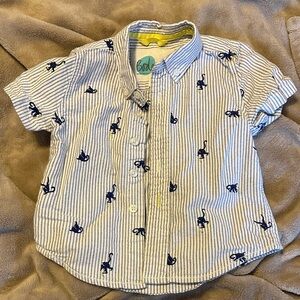 Mini Boden Kids Blue and White Striped Shirt with Monkey Embroidery button down
